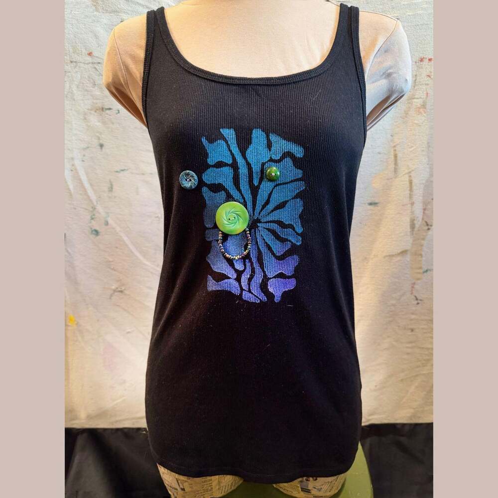 One of one upcycled abstract Art Tank Top Black Teal Beaded L